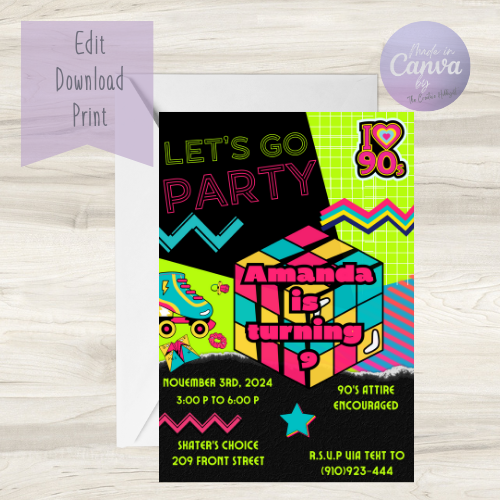 Totally Rad 90s Birthday Invitation Template – Get the Party Buzzing with Neon Fun & Vintage Vibes!