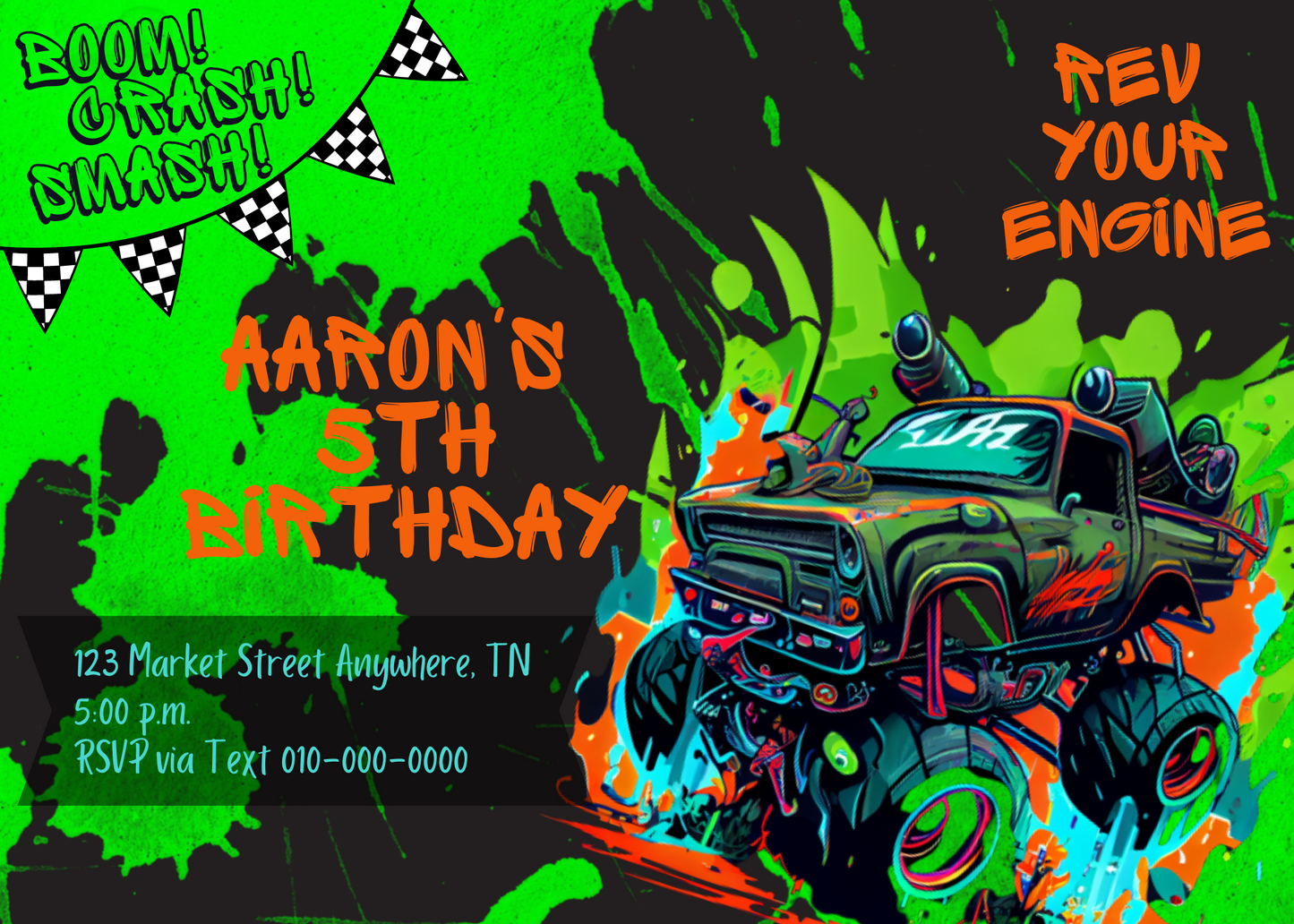 Roaring Fun Monster Truck Birthday Invitation Template - Personalized, Printable, and Unforgettable!