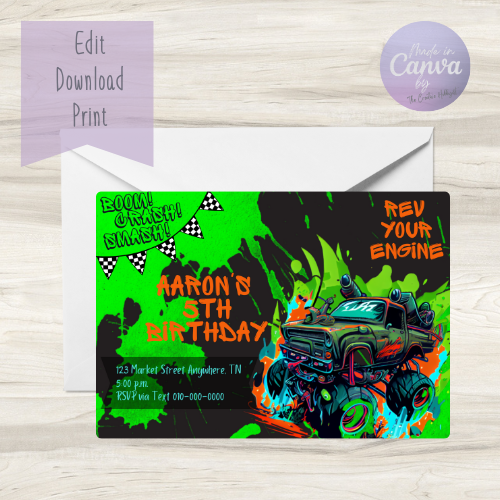 Roaring Fun Monster Truck Birthday Invitation Template - Personalized, Printable, and Unforgettable!