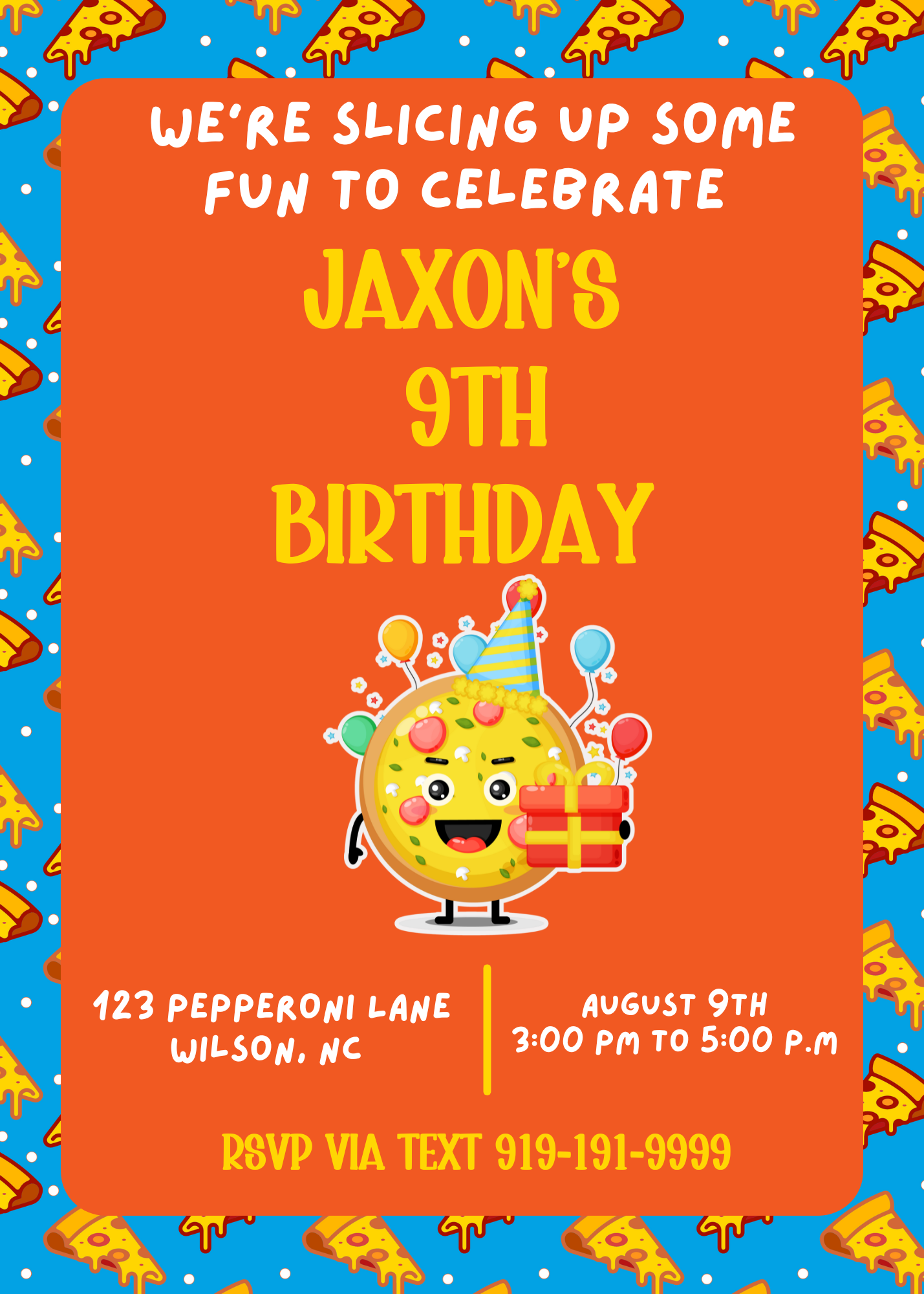 Pizza Party Birthday Invitation Template | Editable Canva Invite | Whimsical Pizza in Birthday Hat | Pizza Party | Canva Template