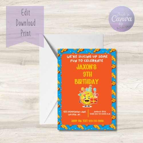 Pizza Party Birthday Invitation Template | Editable Canva Invite | Whimsical Pizza in Birthday Hat | Pizza Party | Canva Template